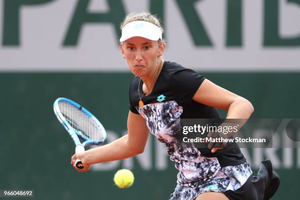 Elise Mertens of Belgium plays a forehand during her ladies singles third round match against Daria Gavrilova of Australia during day seven of the...