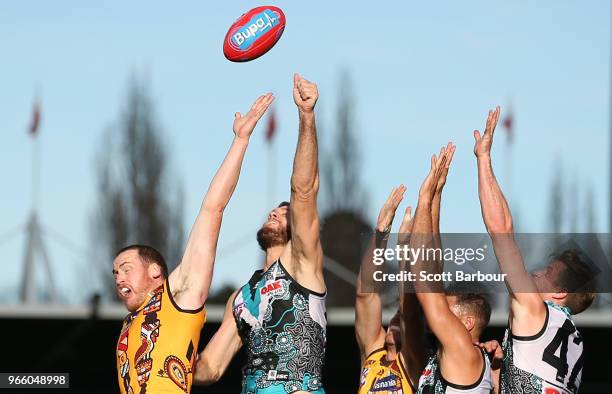 Jarryd Roughead of the Hawks competes for the ball during the round 11 AFL match between the Hawthorn Hawks and the Port Adelaide Power at University...