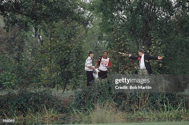 Paul Azinger of USA gets a drop on the 18th during the final day singles of the Ryder Cup at the Belfry in Sutton Coldfield, England. \ Mandatory...