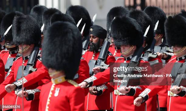 Sikh member of the Coldstream Guards wearing a turban as he takes part in the Colonel's Review, the final rehearsal of the Trooping the Colour, the...