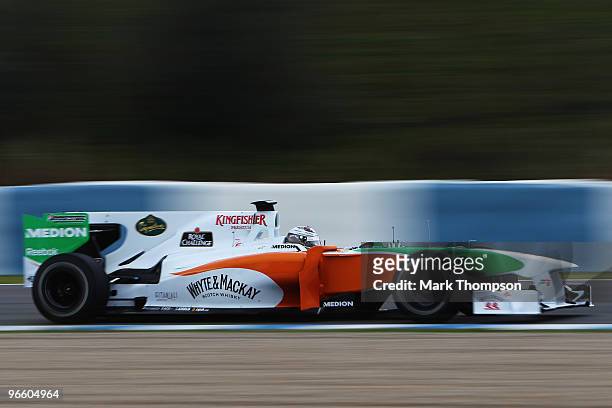 Adrian Sutil of Germany and Force India drives during winter testing at the Circuito De Jerez on February 12, 2010 in Jerez de la Frontera, Spain.