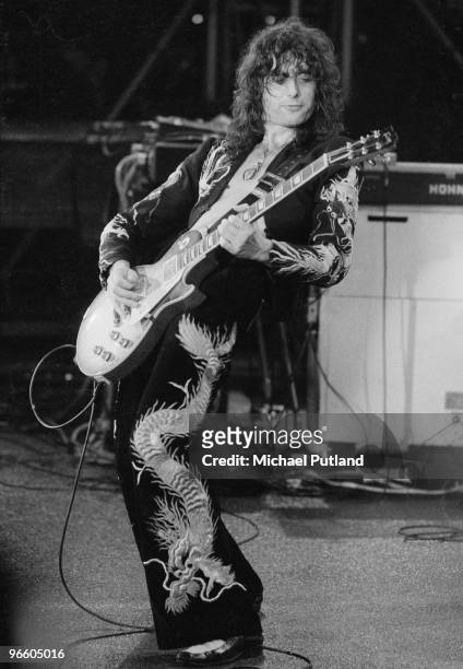 Guitarist Jimmy Page performing with English rock group Led Zeppelin at Earls Court Arena in London, May 1975. The band played five nights at the...