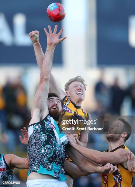 James Sicily of the Hawks competes for the ball during the round 11 AFL match between the Hawthorn Hawks and the Port Adelaide Power at University of...