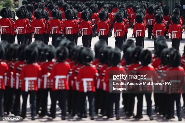 Guard divisions make their way back to Wellington Barracks after taking part in the Colonel's Review, the final rehearsal of the Trooping the Colour,...