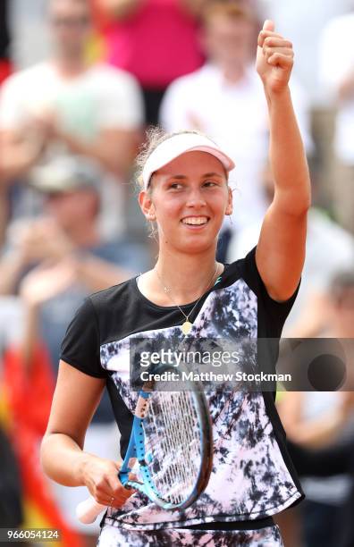 Elise Mertens of Belgium celebrates during her ladies singles third round match against Daria Gavrilova of Australia during day seven of the 2018...