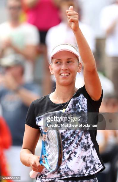 Elise Mertens of Belgium celebrates during her ladies singles third round match against Daria Gavrilova of Australia during day seven of the 2018...