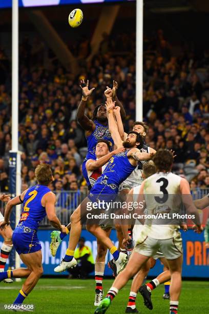 Nic Naitanui of the Eagles attempts a high mark during the 2018 AFL round 11 match between the West Coast Eagles and the St Kilda Saints at Optus...