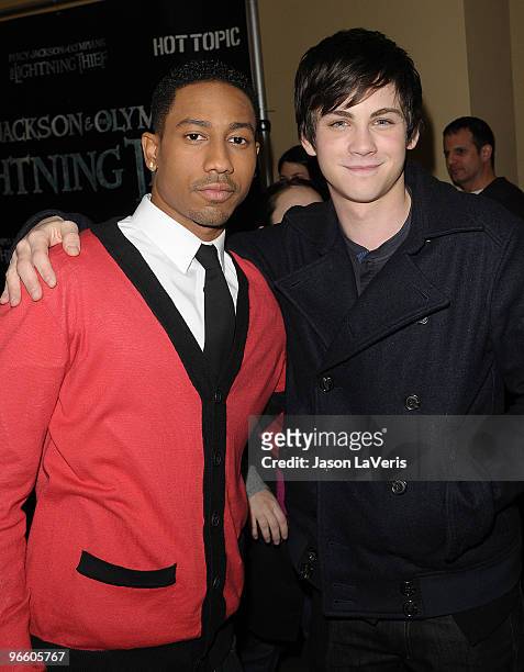 Actors Brandon T. Jackson and Logan Lerman attend the "Percy Jackson & The Olympians: The Lightning Thief!" cast appearance at Hot Topic on February...