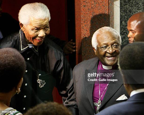 Nelson Mandela and Archbishop Desmond Tutu attend President Jacob Zuma's state of the nation address at the opening of Parliament on February 11,...