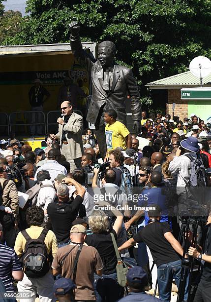 Trevor Manual speaks to the people at a statue of Nelson Mandela outside the gates of Groot Drakenstein, formerly Victor Verster jail, outside Paarl...