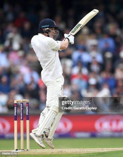 Dominic Bess of England bats during day two of the 2nd NatWest Test match between England and Pakistan at Headingley on June 2, 2018 in Leeds,...