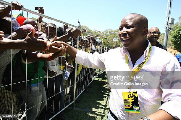 President Julius Malema greets the crowd of people celebrating the 20th anniversary of Nelson Mandela�s release from prison at Groot Drakenstein,...