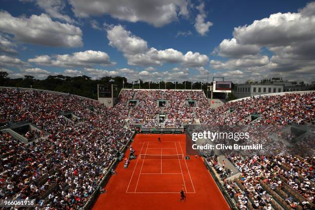 General view inside court Suzanne Lenglen duirng the mens singles third round match between David Goffin of Belgium and Gael Monfils of France during...