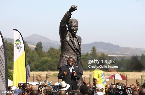 Cyril Ramaphosa addresses the crowd of people celebrating the 20th anniversary of Nelson Mandela's release from prison at Groot Drakenstein, formerly...