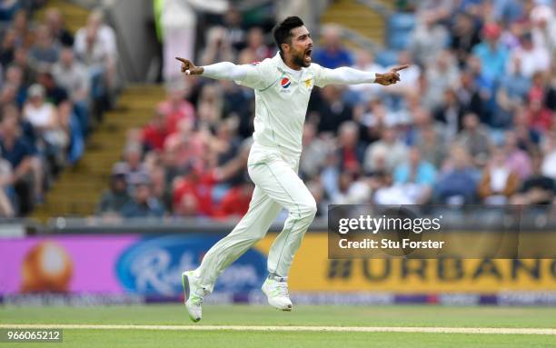 Pakistan bowler Mohammad Amir celebrates after dismissing Joe Root during day two of the second test match between England and Pakistan at Headingley...