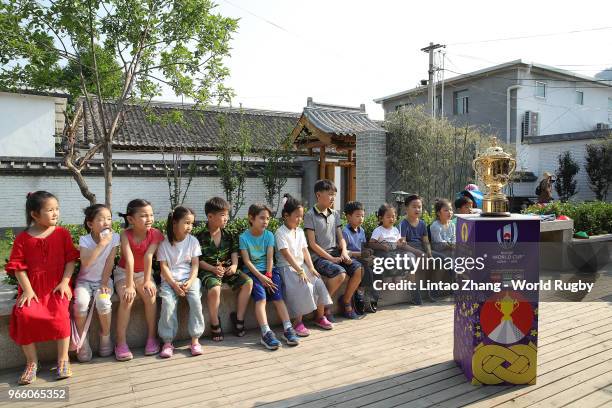 Children from Bokai Intellectual Quanna Kindergareten took part in a Get Into Rugby training session at the foothills of the Great Wall in Mutianyu...