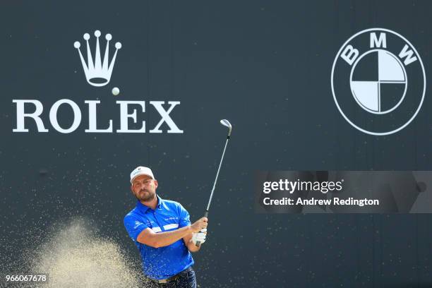 David Howell of England plays his fourth shot from a bunker on the 18th hole during day three of the Italian Open on June 2, 2018 in Brescia, Italy.