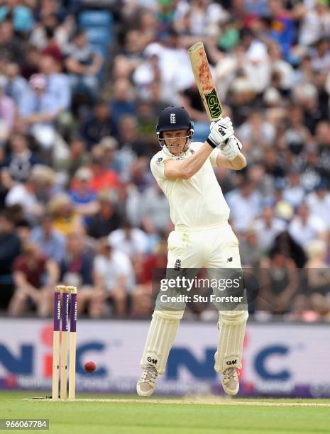 England batsman Dominic Bess cuts a ball to the boundary during day two of the second test match between England and Pakistan at Headingley on June...