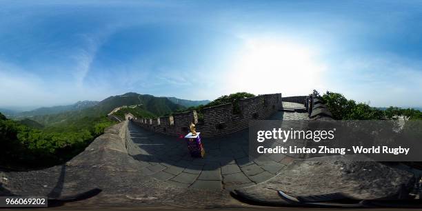 The official Rugby World Cup Trophy Tour ball is seen at Mutianyu Great Wall on day 4 of the Rugby World Cup 2019 Trophy Tour on June 2, 2018 in...