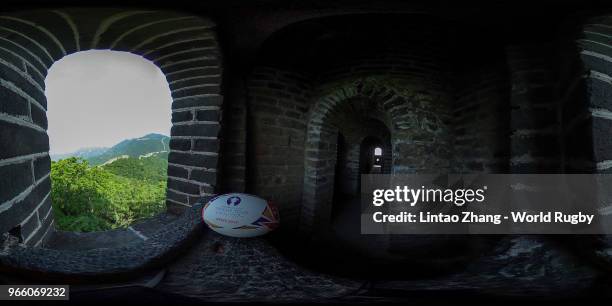 The official Rugby World Cup Trophy Tour ball is seen at Mutianyu Great Wall on day 4 of the Rugby World Cup 2019 Trophy Tour on June 2, 2018 in...