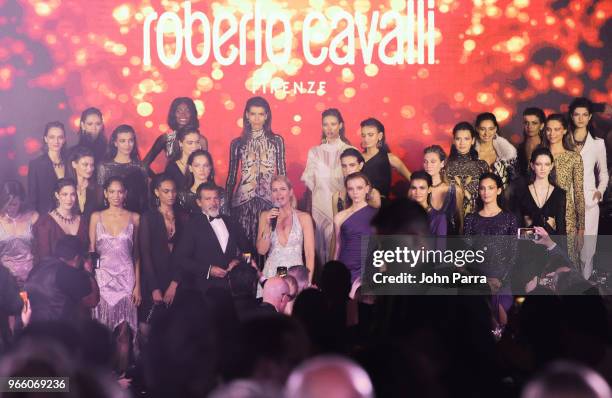 Antonio Banderas and Valeria Mazza are in the center with models during the Roberto Cavalli show at Miami Fashion Week 2018 Benefit Gala - Inside at...