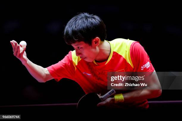 Lin Gaoyuan of China in action at the men's singles semi-final compete with Fan Zhendong of China during the 2018 ITTF World Tour China Open on June...