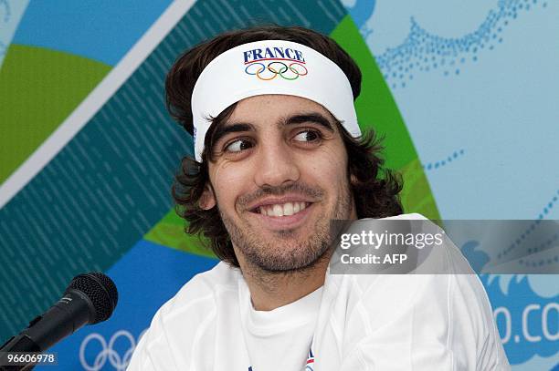 France's moguls skier Anthony Benna addresses a press conference of the French Freestyle Skiing Committee in the Vancouver Olympic Village on...