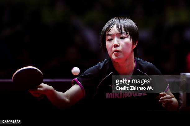 Shibata Saki of Japan in action at the women's singles semi-final compete with Ding Ning of China during the 2018 ITTF World Tour China Open on June...