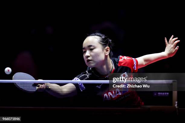 Ito Mima of Japan in action at the women's singles semi-final compete with Wang Manyu of China during the 2018 ITTF World Tour China Open on June 1,...