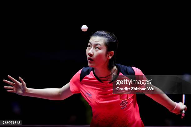 Ding Ning of China in action at the women's singles semi-final compete with Shibata Saki of Japan during the 2018 ITTF World Tour China Open on June...