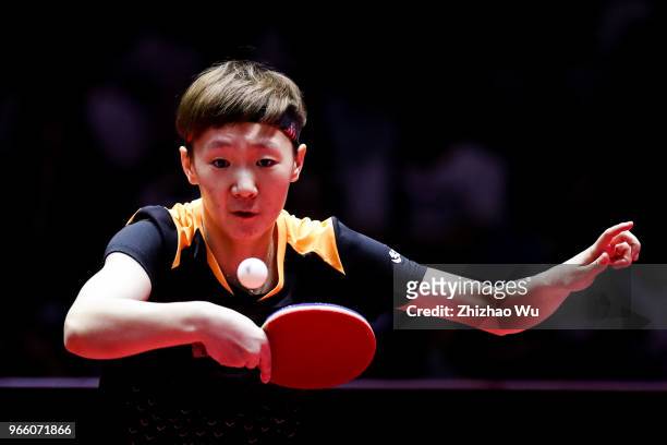 Wang Manyu of China in action at the women's singles semi-final compete with Ito Mima of Japan during the 2018 ITTF World Tour China Open on June 1,...
