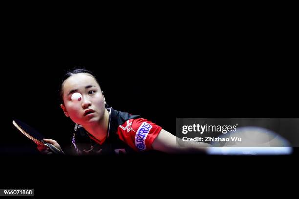 Ito Mima of Japan in action at the women's singles semi-final compete with Wang Manyu of China during the 2018 ITTF World Tour China Open on June 1,...