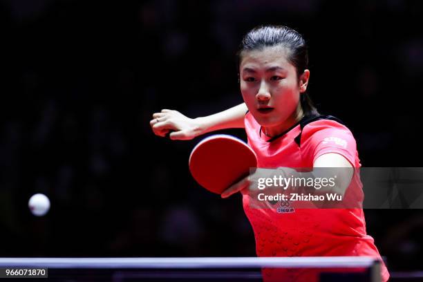 Ding Ning of China in action at the women's singles semi-final compete with Shibata Saki of Japan during the 2018 ITTF World Tour China Open on June...