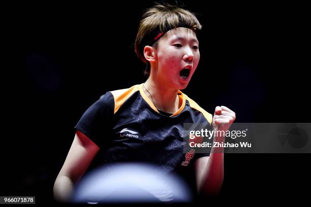 Wang Manyu of China in action at the women's singles semi-final compete with Ito Mima of Japan during the 2018 ITTF World Tour China Open on June 1,...