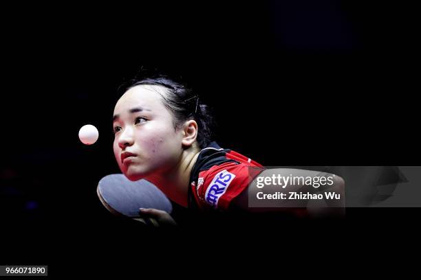 Ito Mima of Japan in action at the women's singles semi-final compete with Wang Manyu of China during the 2018 ITTF World Tour China Open on June 1,...