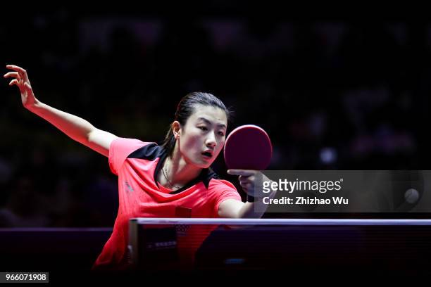 Ding Ning of China in action at the women's singles semi-final compete with Shibata Saki of Japan during the 2018 ITTF World Tour China Open on June...