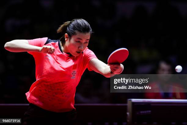 Ding Ning of China in action at the women's singles semi-final compete with Shibata Saki of Japan during the 2018 ITTF World Tour China Open on June...