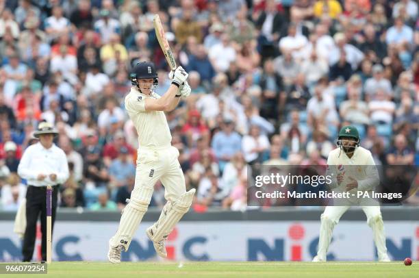 England's Dominic Bess hits out from the bowling of Pakistan's Fahim Ashraf during day two of the Second Natwest Test match at Headingley, Leeds.