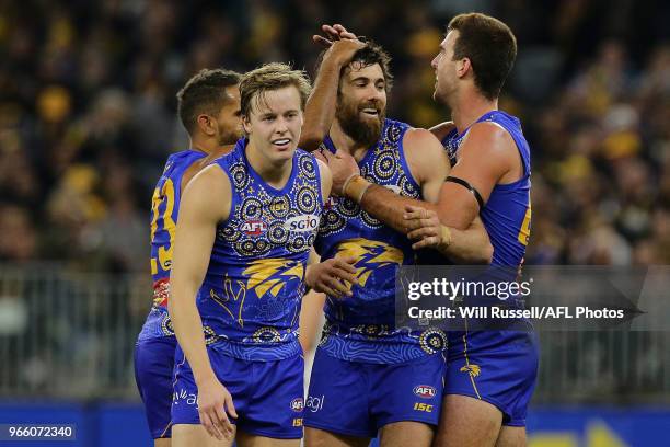 Josh Kennedy of the Eagles celebrates after scoring a goal during the round 11 AFL match between the West Coast Eagles and the St Kilda Saints at...