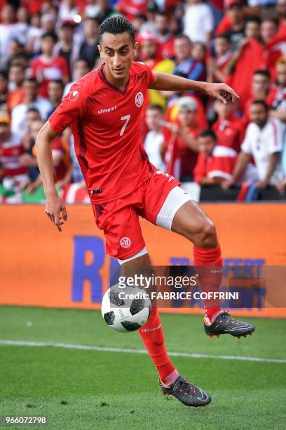 Tunisia's midfielder Saif-Eddine Khaoui controls the ball during a football match between Tunisia and Turkey at the Stade de Geneve stadium in Geneva...