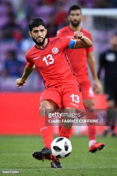 Tunisia's midfielder Ferjani Sassi controls the ball during a football match between Tunisia and Turkey at the Stade de Geneve stadium in Geneva on...