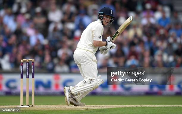 Dominic Bess of England bats during day two of the 2nd NatWest Test match between England and Pakistan at Headingley on June 2, 2018 in Leeds,...