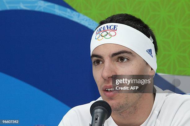 France's moguls skier Arnaud Burille, speaks at the French Olympic Committee Freestyle Skiing Press Conference in the Vancouver Olympic Village on...