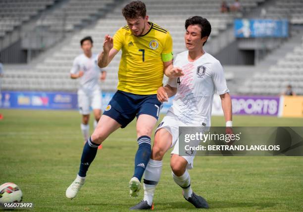Scotland's forward and captain Oliver Burke vies with South Korea's defender Lee Jisol during the Maurice Revello International tournament Under 20...