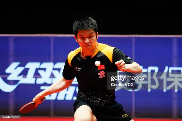 Fan Zhendong of China competes in the Men's Singles semi-final match against Lin Gaoyuan of China during day three of the 2018 ITTF World Tour China...