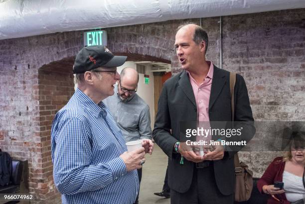 Microsoft co-founder and Upstream Music Festival creator Paul Allen and bassist Krist Novoselic of Nirvana and Giants in the Trees talk before Krist...