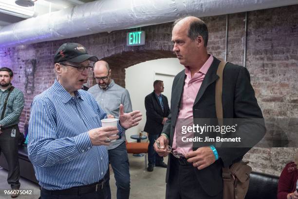 Microsoft co-founder and Upstream Music Festival creator Paul Allen and bassist Krist Novoselic of Nirvana and Giants in the Trees talk before Krist...