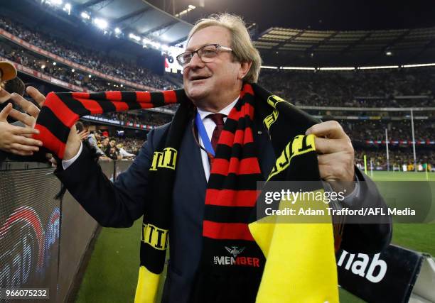 Essendon and Richmond champion and coach Kevin Sheedy thanks fans on a lap of honour after being elevated to Legend status in the AFL Hall of fame...