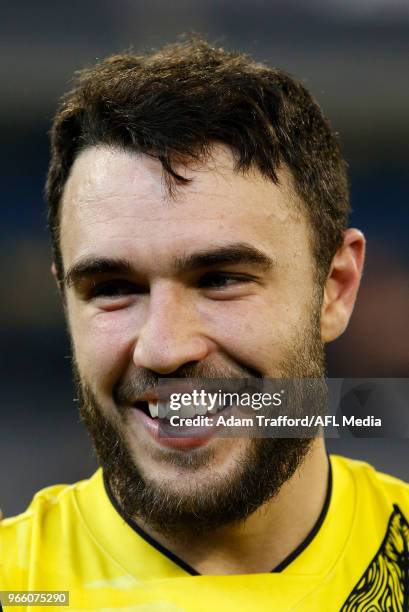 Shane Edwards of the Tigers is interviewed after winning The Yiooken Award for best on ground during the 2018 AFL round 11 Dreamtime at the G match...