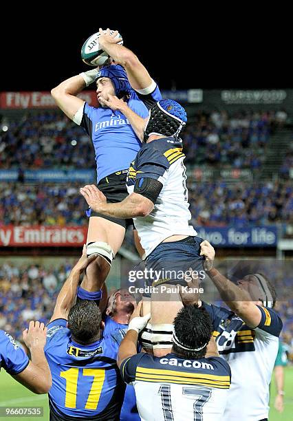 Nathan Sharpe of the Force wins a line out during the round one Super 14 match between the Western Force and the Brumbies at ME Stadium on February...